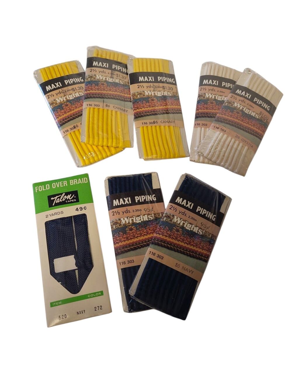 Lot of 7 NEW Vintage Wrights + 1 Talon Bias Tape Maxi Piping Blue White Yellow